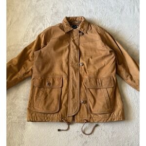 VTG G-III Mens Size Med Leather Jacket Barn Coat Plaid Lined Button Up Tan Brown
